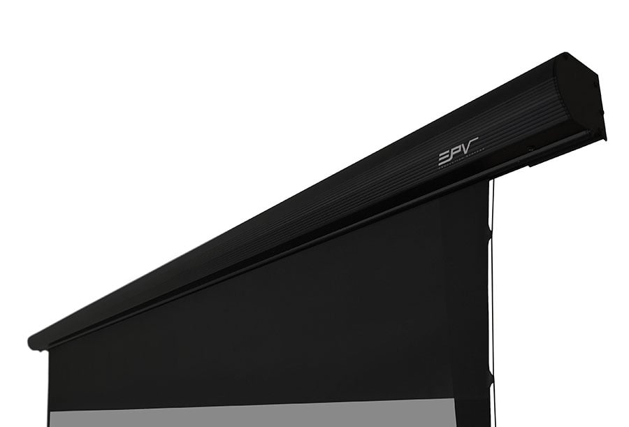 A black retractable projection screen with a matching black top rail, featuring the 'SPV' logo on the side, shown against a plain white background.