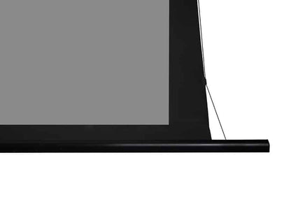 Close-up of a black retractable projection screen frame with a cord pulling the screen down, shown against a white background.
