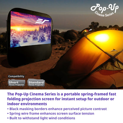 Pop-Up Cinema Series projection screen with a tent and sunset display in an outdoor setting.