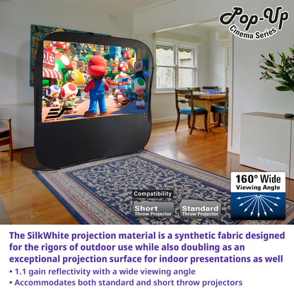 Pop-Up Cinema Series projection screen in a living room setting with a colorful display.