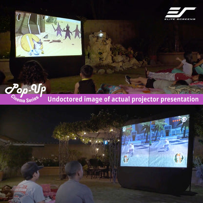 Children watching a movie on a large screen outdoors with 'Elite Screens' branding.
