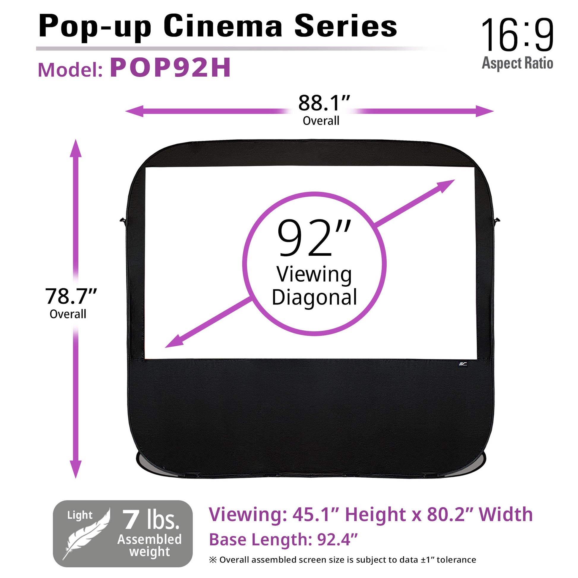 92-inch pop-up cinema screen with dimensions and specifications on a white background