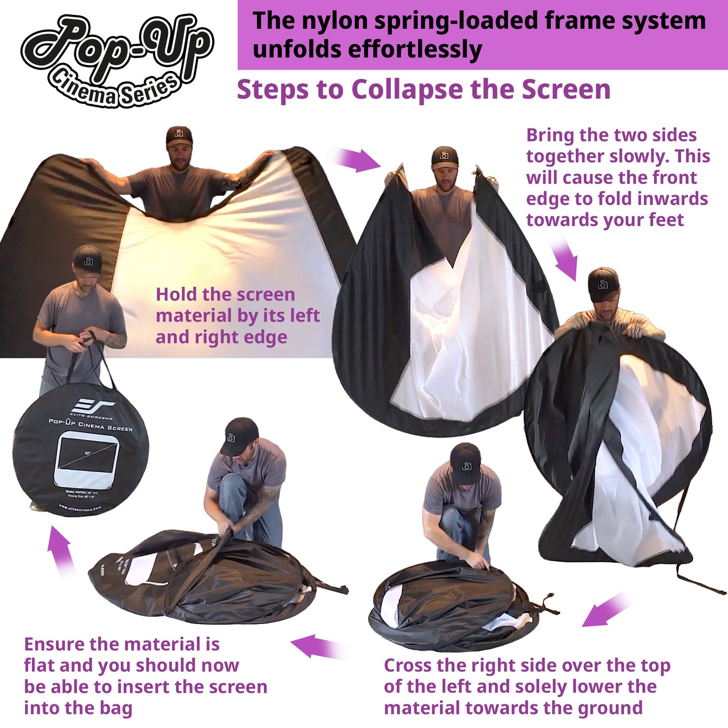Instructions for collapsing a Pop-Up Cinema Series screen with step-by-step illustrations and text.