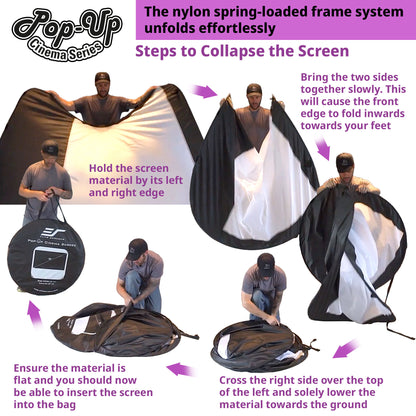 Instructions for collapsing a Pop-Up Cinema Series screen with step-by-step illustrations and text.