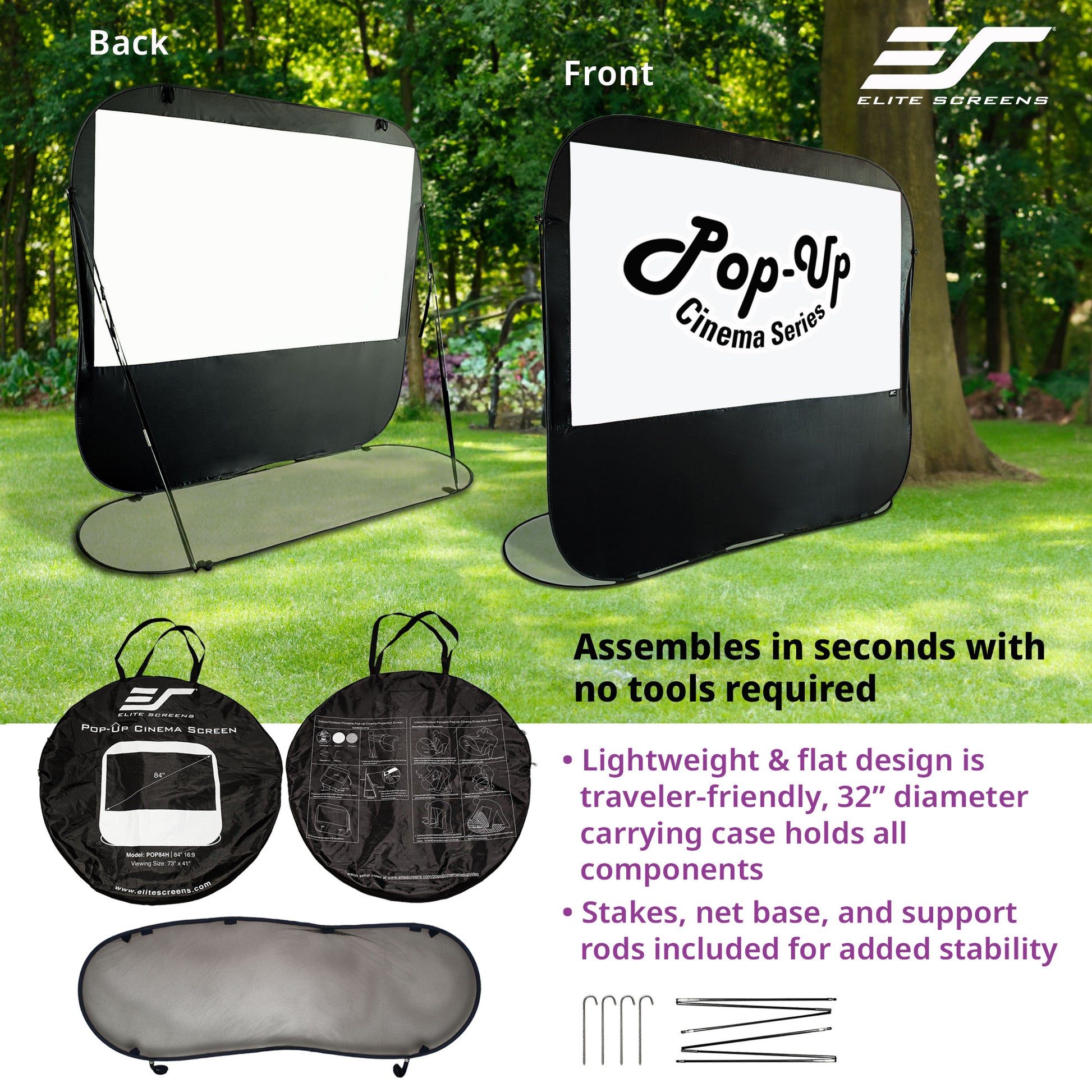 Elite Screens Pop-Up Cinema Series screen with assembly instructions and product details.