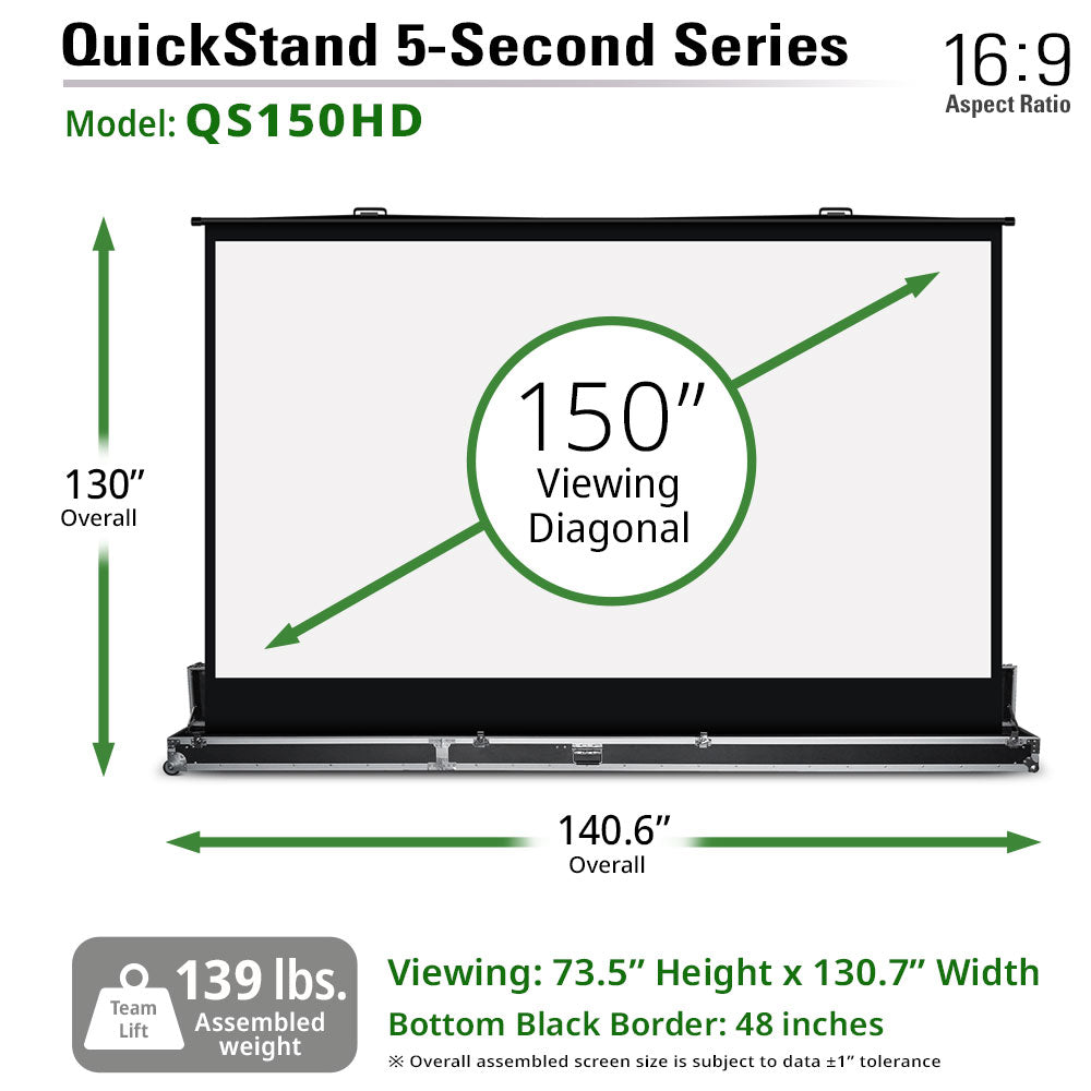 QuickStand 5-Second Series projector screen with dimensions and specifications on a white background
