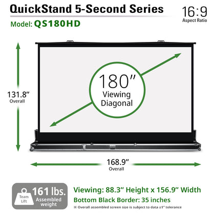 QuickStand 5-Second Series projector screen with dimensions and specifications on a white background