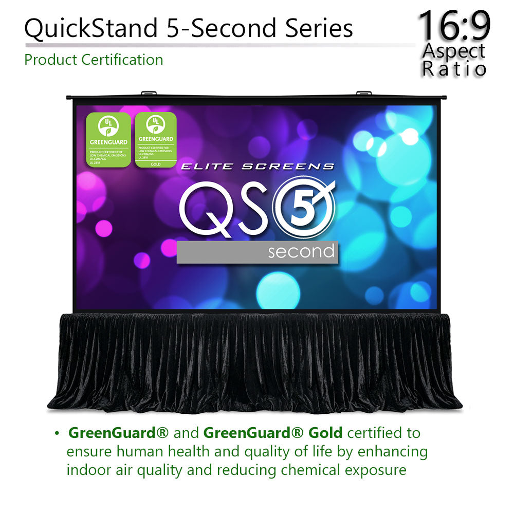 Elite Screens QuickStand 5-Second Series projector screen with certification logos on a white background