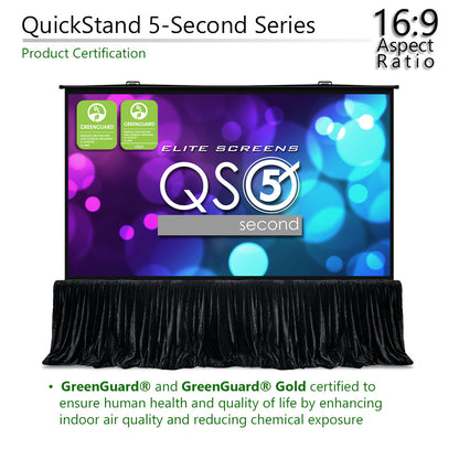 Elite Screens QuickStand 5-Second Series projector screen with certification logos on a white background
