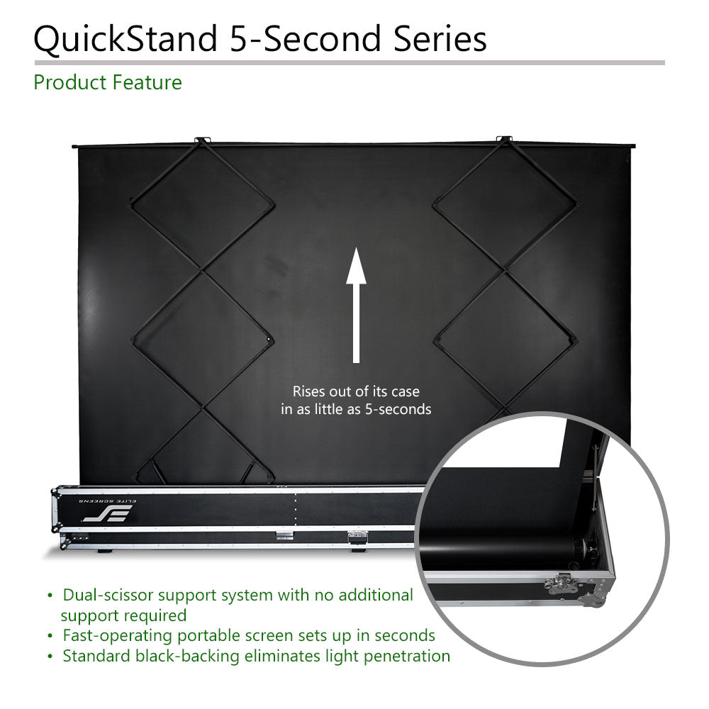 Black portable screen with 'QuickStand 5-Second Series' text and product features on a white background.