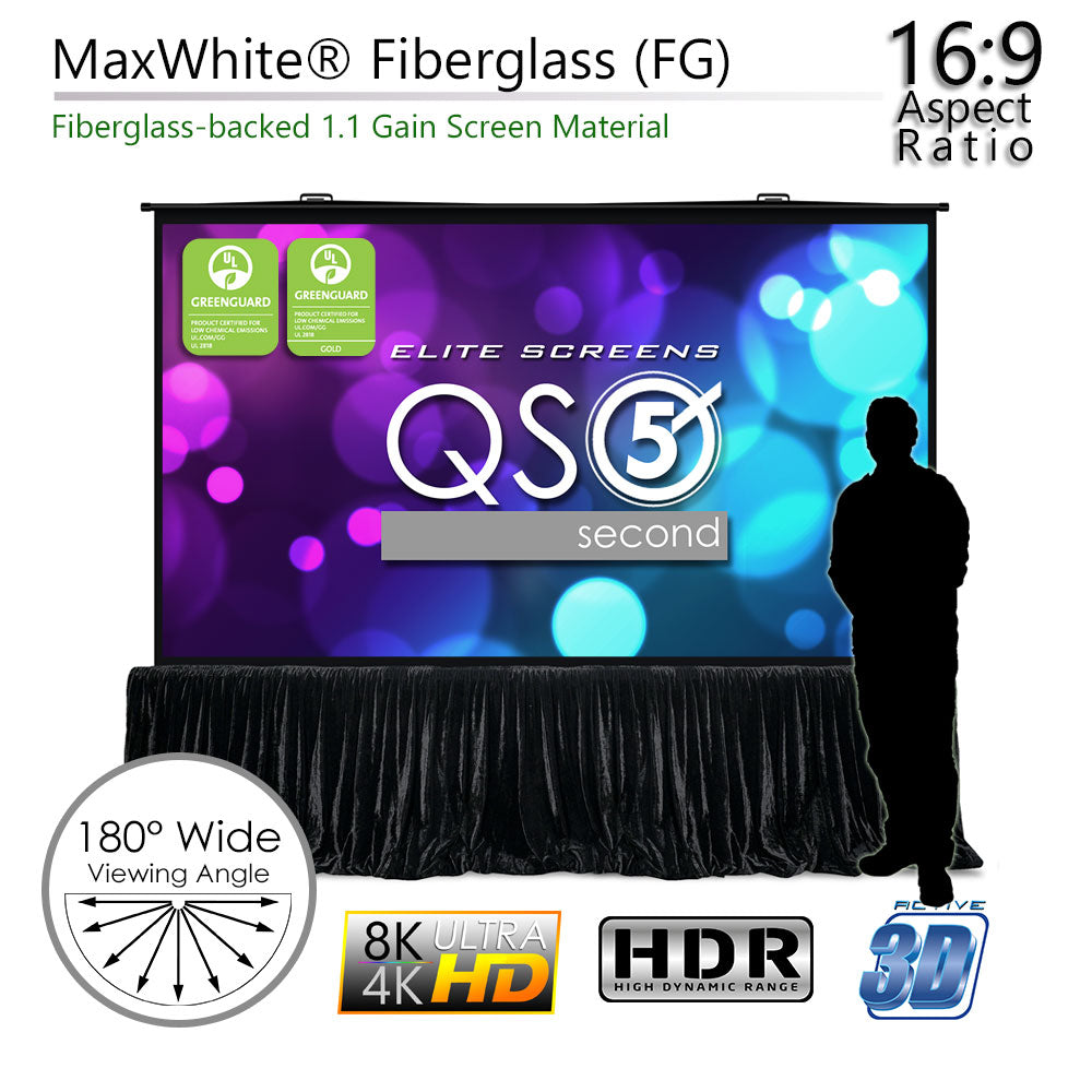 Elite Screens QS5 second projector screen with features highlighted on a white background