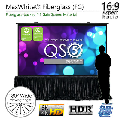 Elite Screens QS5 second projector screen with features highlighted on a white background
