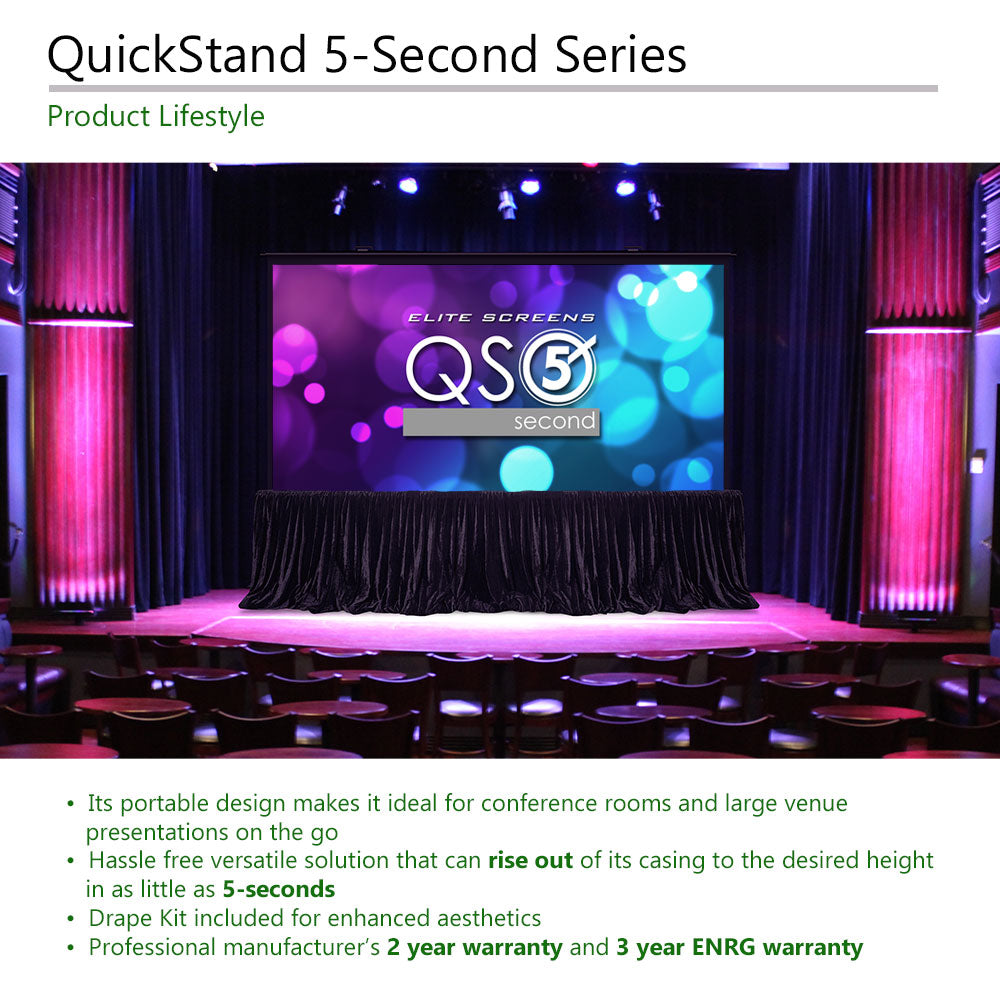 Stage with a large screen displaying 'Elite Screens QS3' in a theater setting.
