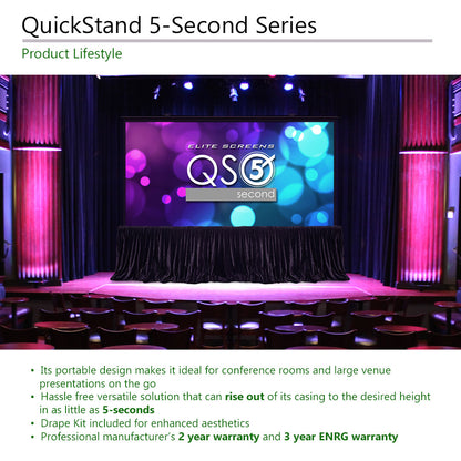 Stage with a large screen displaying 'Elite Screens QS3' in a theater setting.