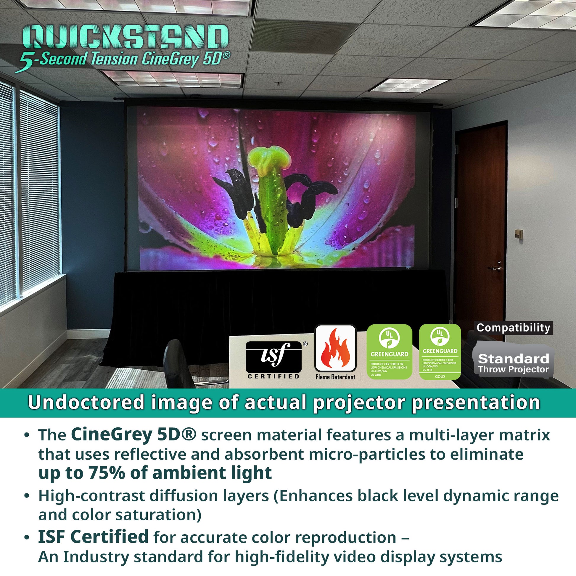 Projector screen displaying a colorful image in an indoor setting with QuickSilver branding.