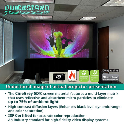 Projector screen displaying a colorful image in an indoor setting with QuickSilver branding.