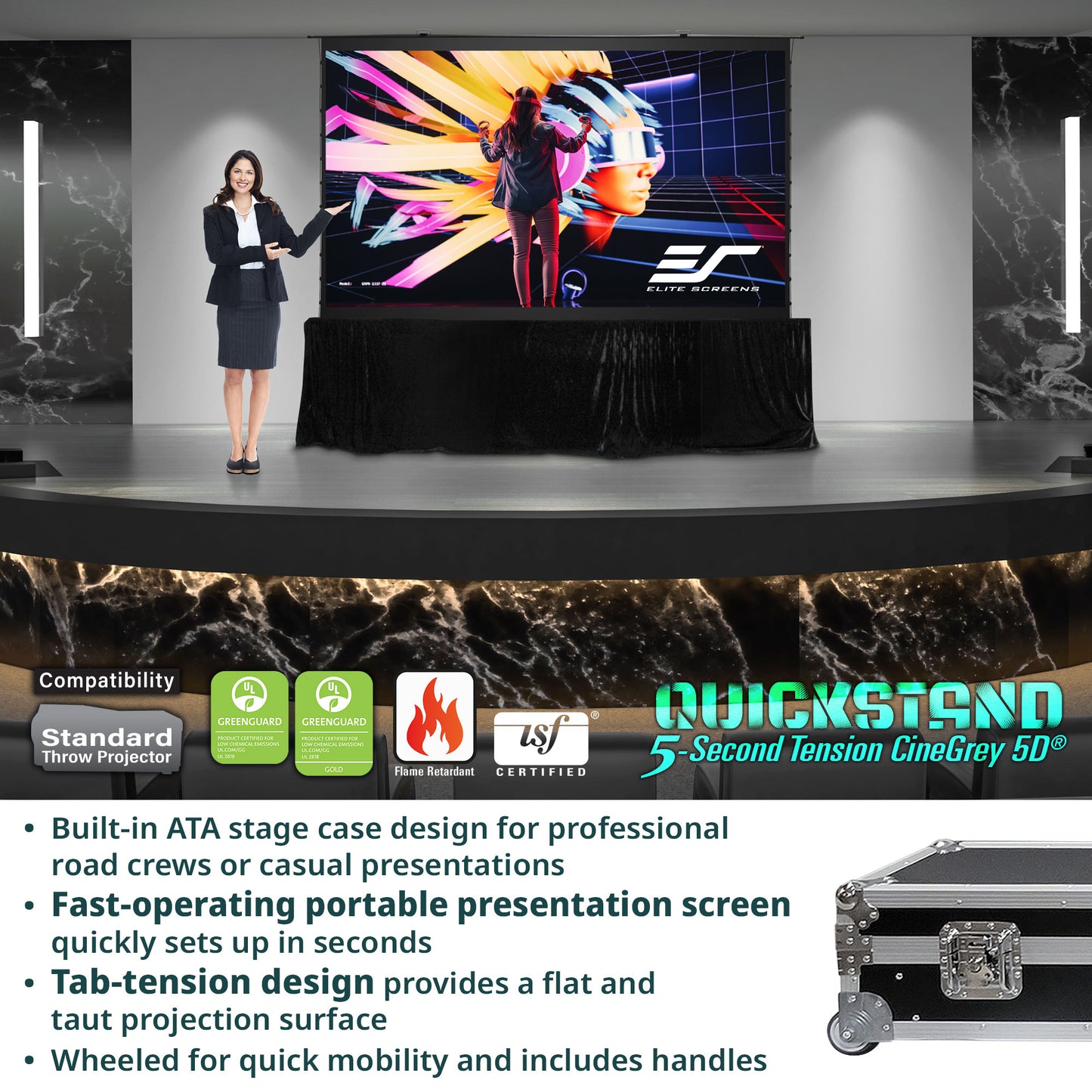 Woman standing next to a large screen displaying a colorful graphic, with product features and branding text overlay.