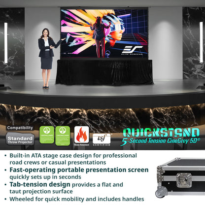 Woman standing next to a large screen displaying a colorful graphic, with product features and branding text overlay.