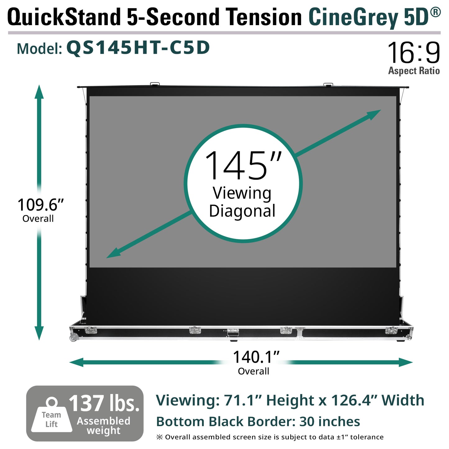 QuickStand 5-Second Tension CineGrey 5D projector screen with dimensions and specifications.