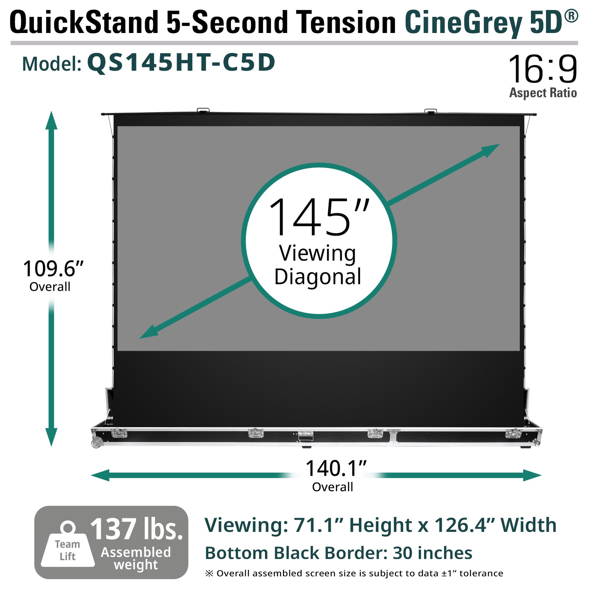 QuickStand 5-Second Tension CineGrey 5D projector screen with dimensions and specifications.