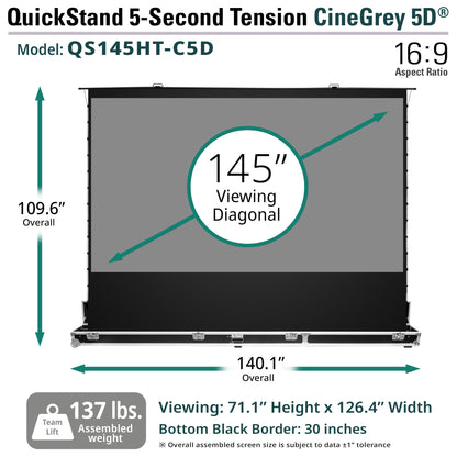 QuickStand 5-Second Tension CineGrey 5D projector screen with dimensions and specifications.