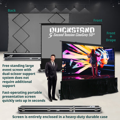 Quickstand 5-second tension cinegrey 5D screen with a man standing next to it, showcasing its features.
