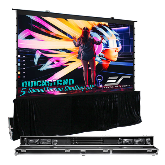 Portable outdoor screen with colorful display and 'Quickstand' branding on a white background