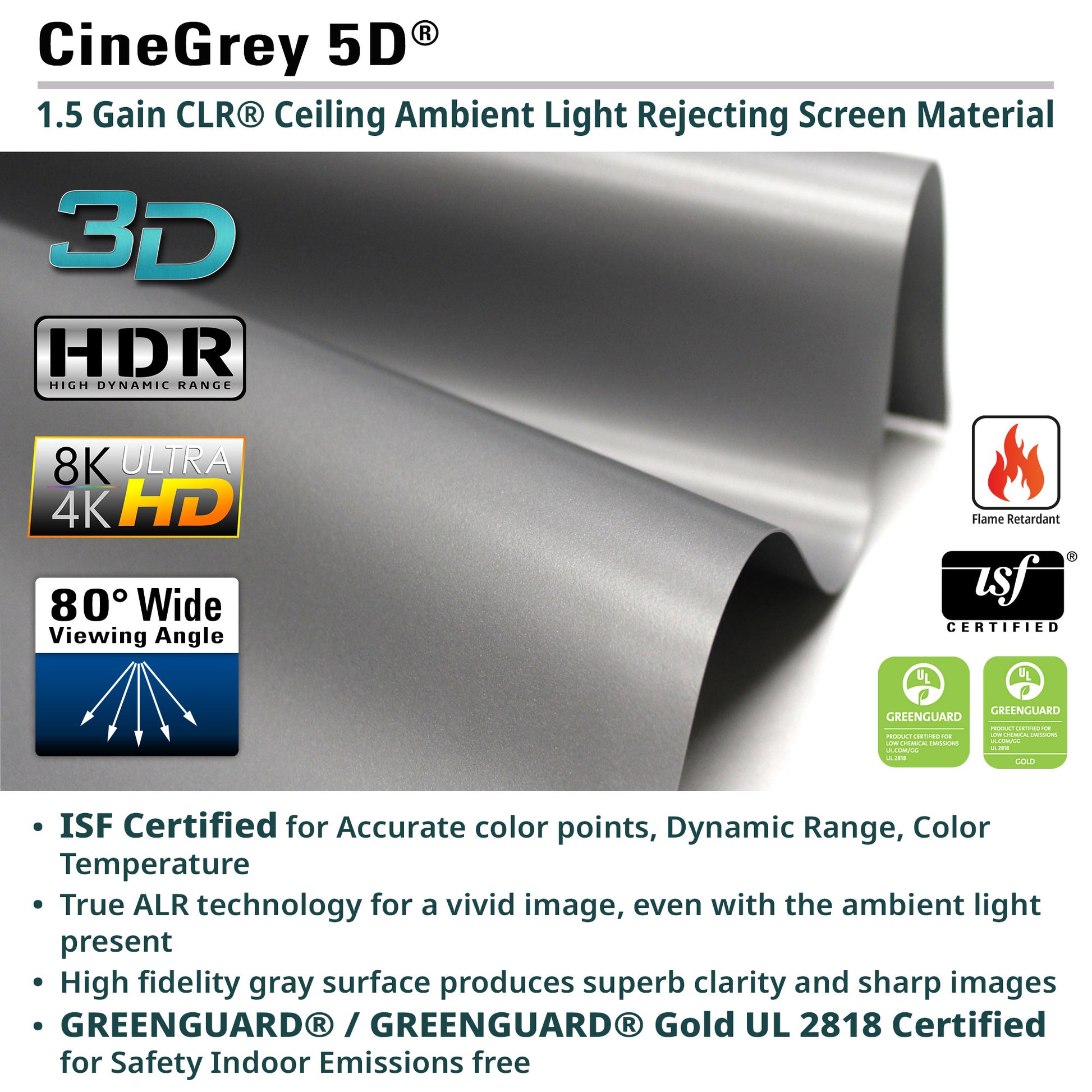 CineGrey 5D screen material with features listed on a white background