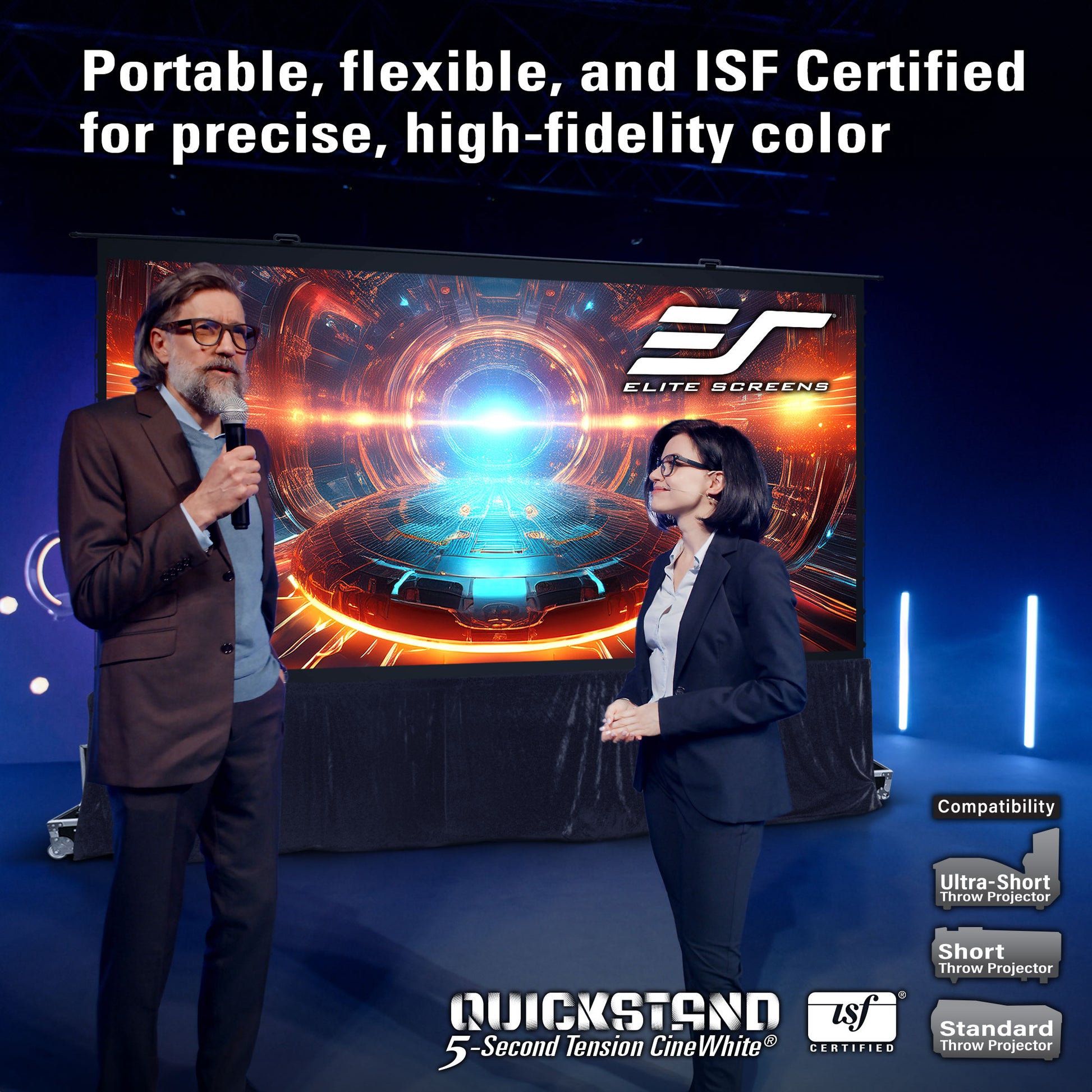 Two presenters standing in front of a large screen displaying Elite Screens branding, with text about product features.