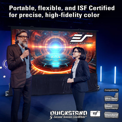 Two presenters standing in front of a large screen displaying Elite Screens branding, with text about product features.