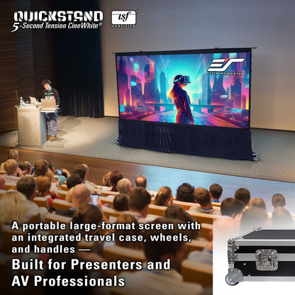 Portable large-format screen with a colorful display in an auditorium setting, featuring Quickstand and CineWhite branding.