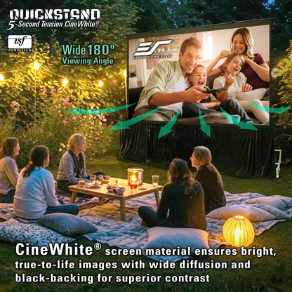 Family enjoying a movie outdoors with a large screen projector and screen in a garden setting.