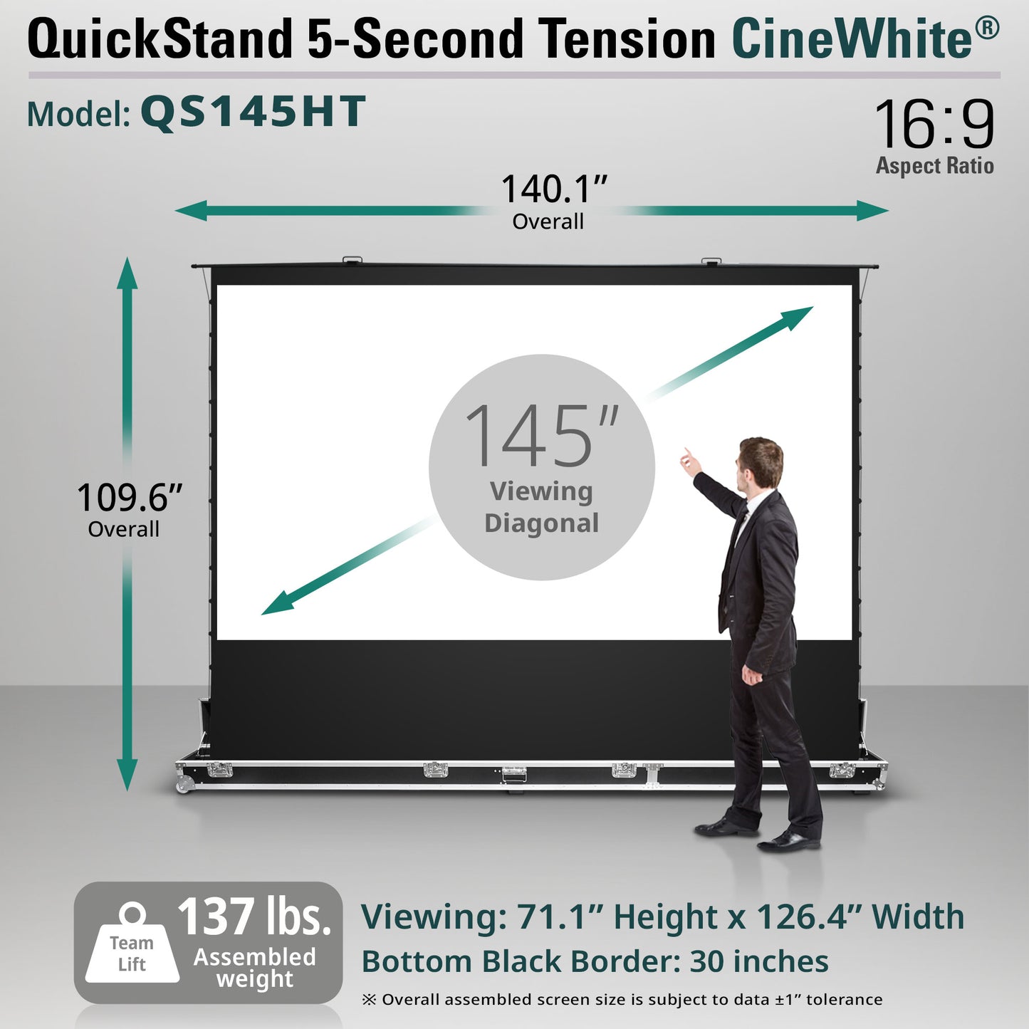 QuickStand 5-Second Tension CineWhite projector screen with dimensions and specifications displayed.