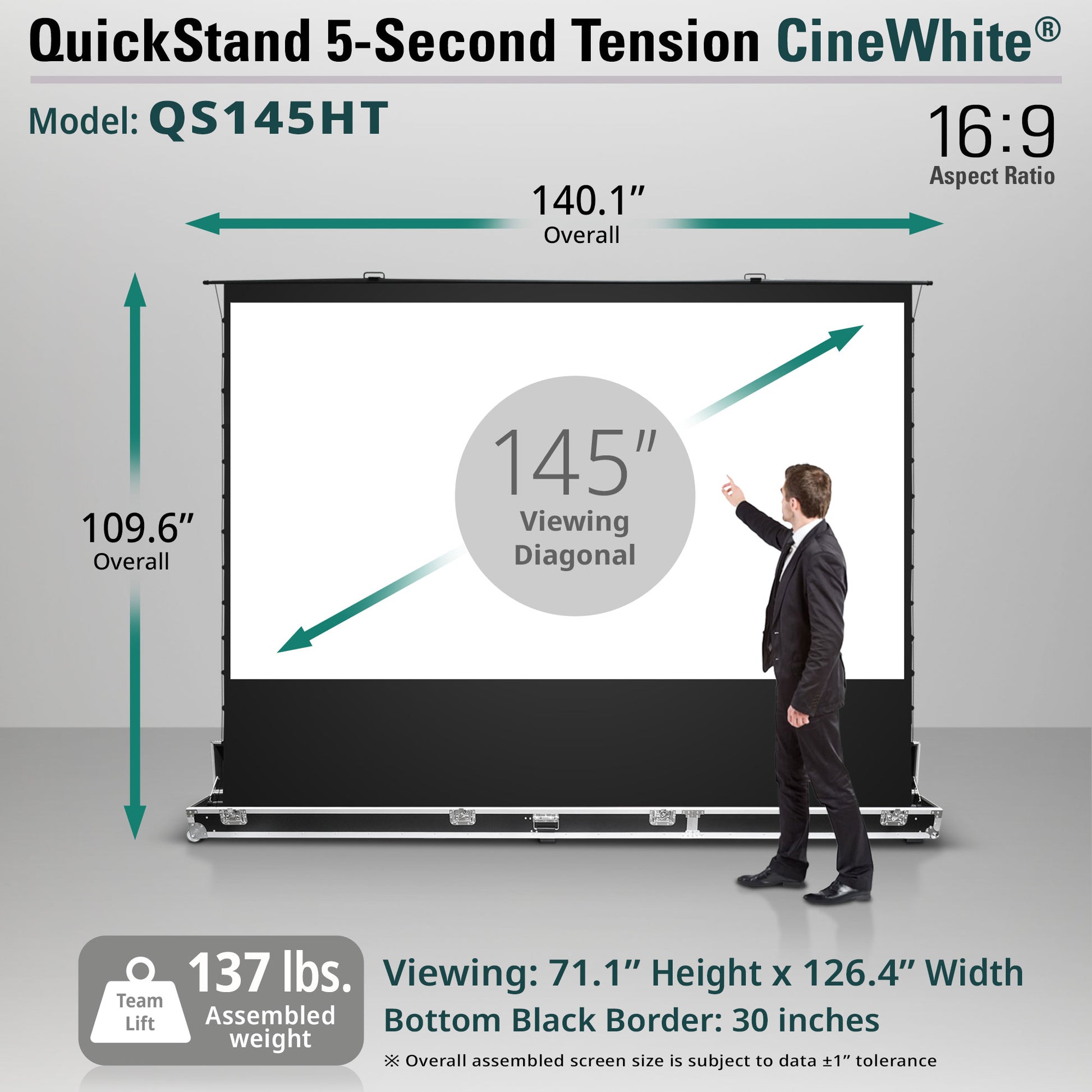 QuickStand 5-Second Tension CineWhite projector screen with dimensions and specifications displayed.