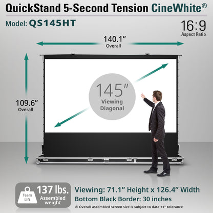QuickStand 5-Second Tension CineWhite projector screen with dimensions and specifications displayed.