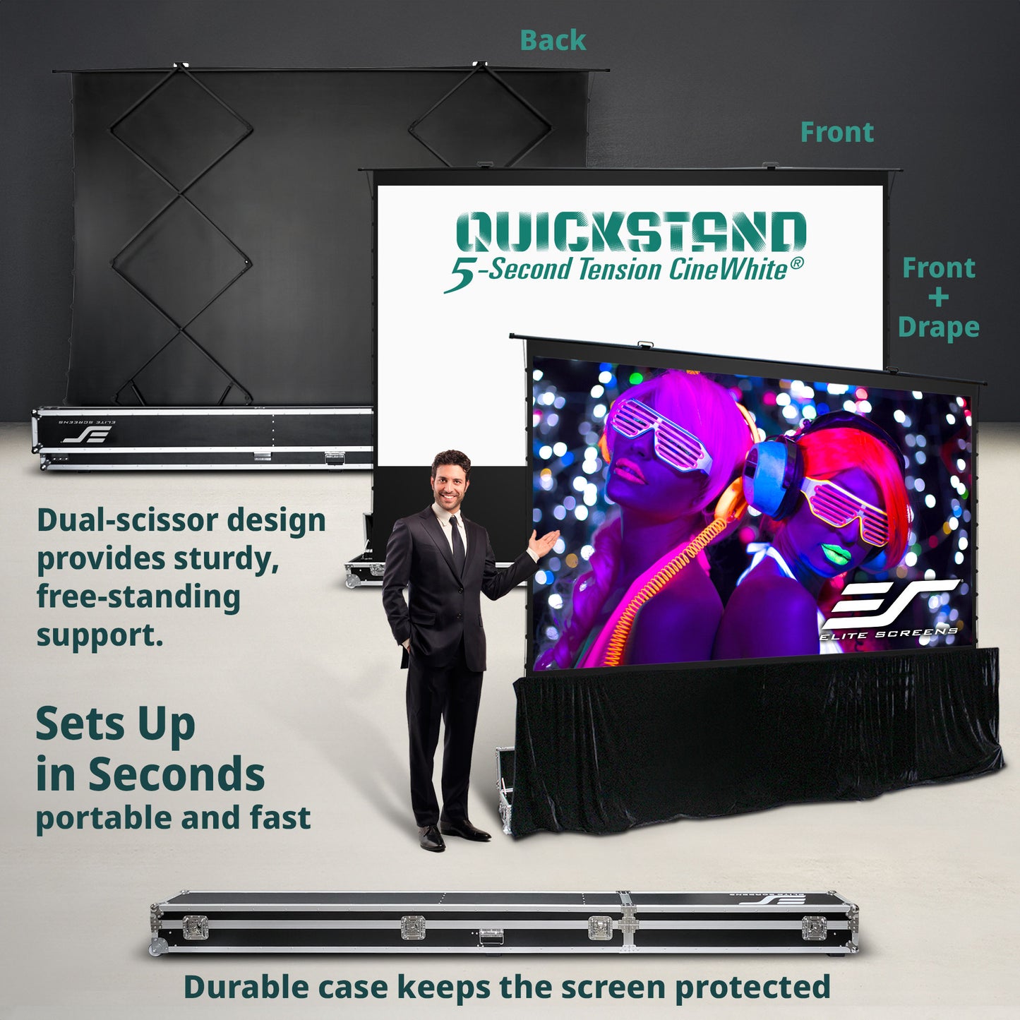 Quickstand 5-second tension cinewhite screen with case and man in suit, featuring Elite Screens branding.
