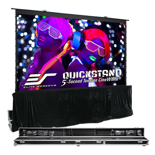 Elite Screens Quickstand 5-Second Tension CineWhite projector screen with a colorful display on a white background.