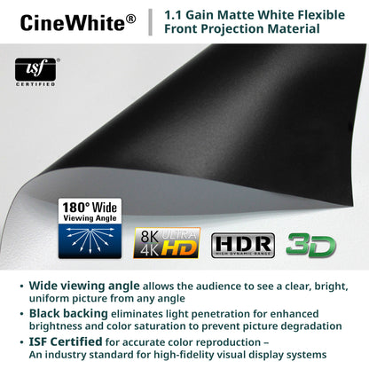 CineWhite projection material with ISF certification and features listed on a white background