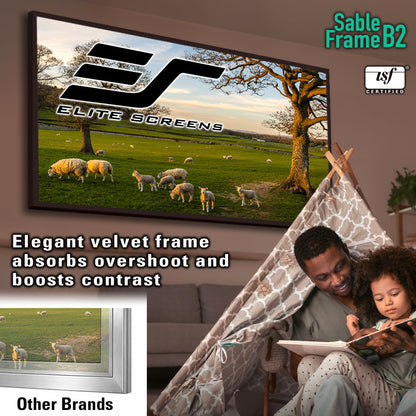 TV screen displaying a landscape with sheep, surrounded by text and images about Elite Screens' Sable Frame B2 product.