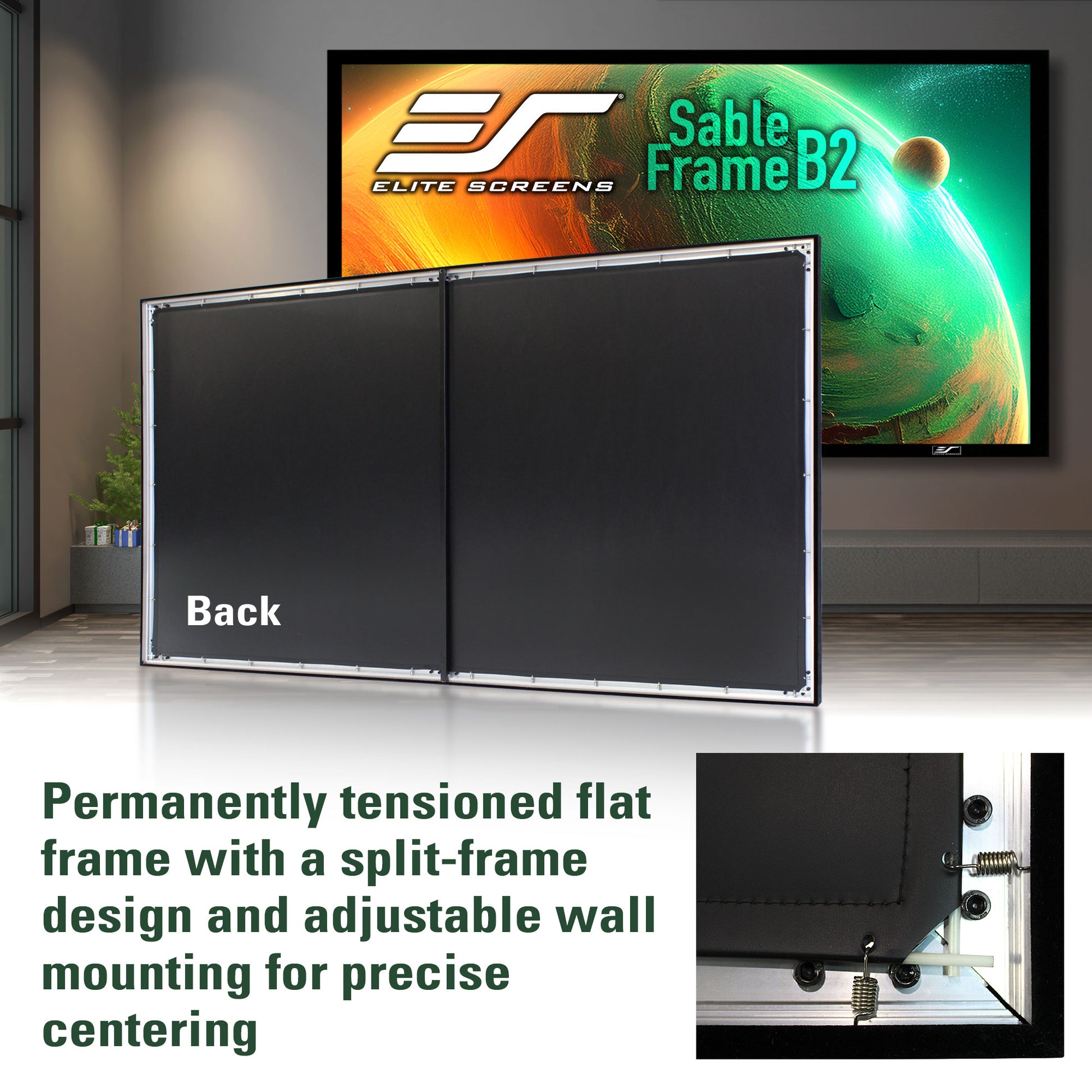 Elite Screens Sable Frame B2 screen with a split-frame design and adjustable wall mounting, displayed in a room setting.
