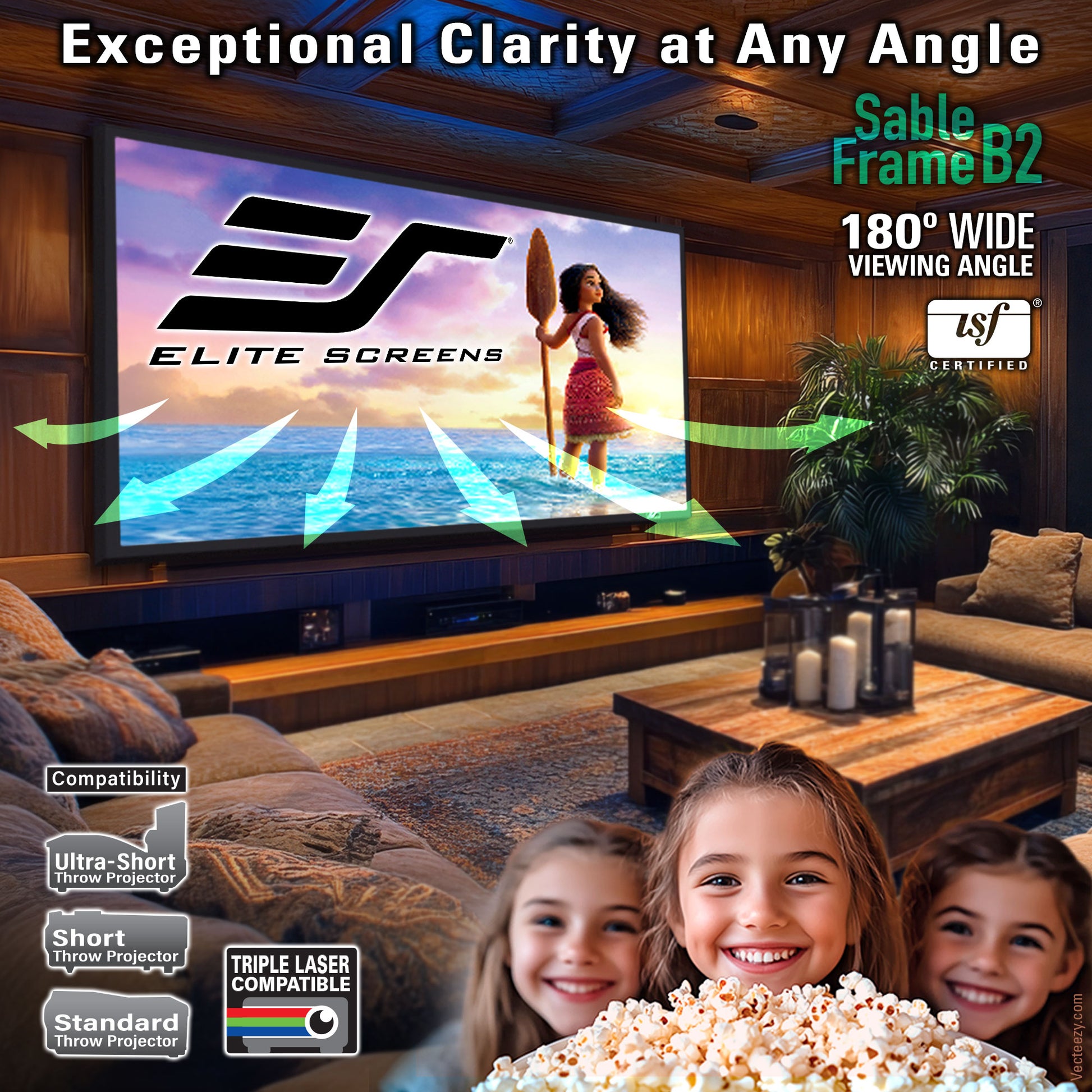 Living room with a large screen displaying Elite Screens logo, showing exceptional clarity at any angle.