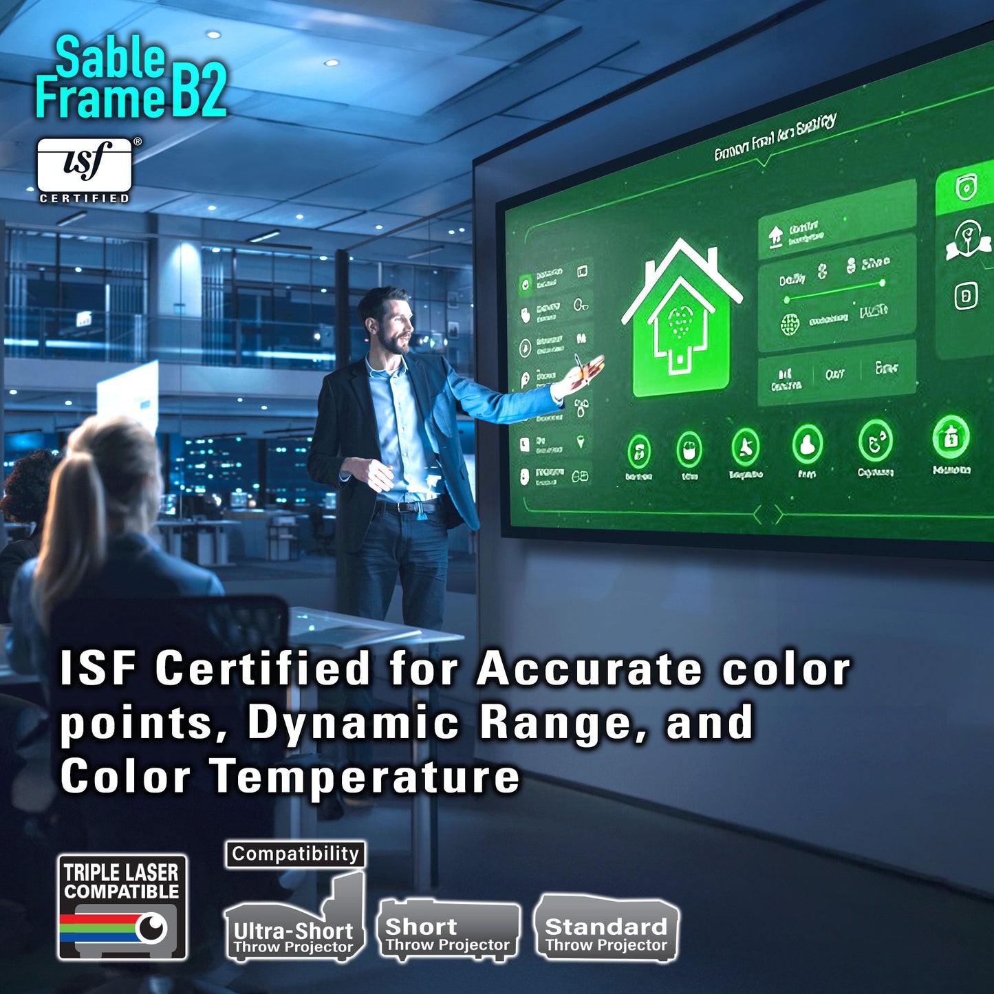 Man presenting in front of a large screen displaying home automation software, with Sable Frame B2 branding.