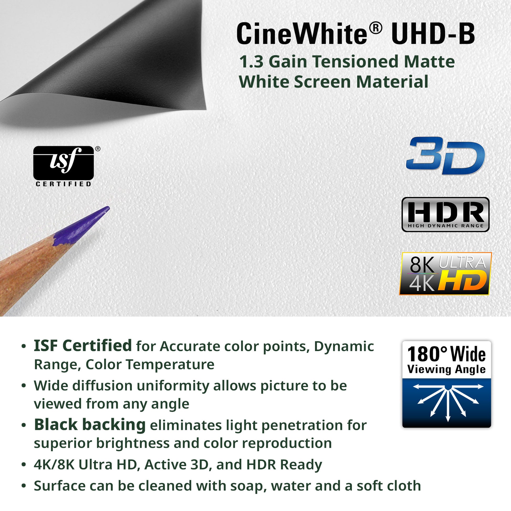 CineWhite UHD-B screen material with certification logos and features listed.