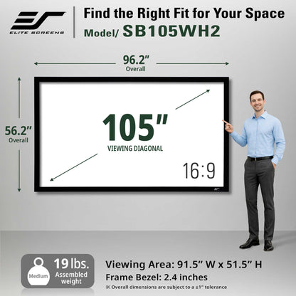 A large 105-inch LED wall display screen by Elite Screens, model SB105WH2, shown with a man pointing to it. The image includes dimension markings (96.