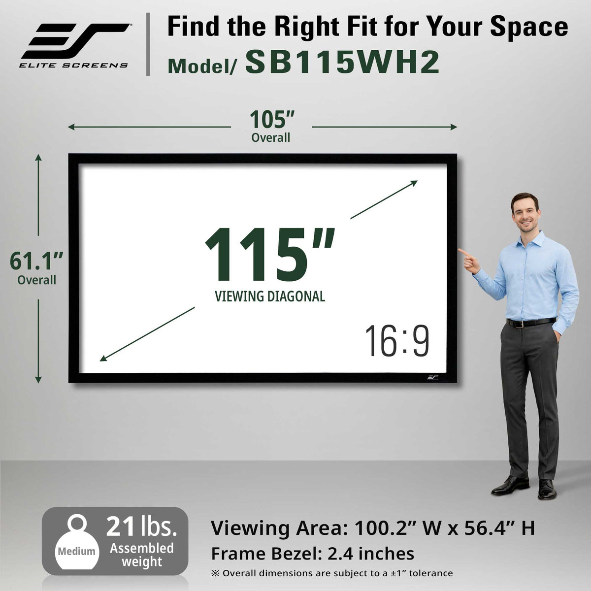 A man in a light blue shirt and dark trousers stands beside a large wall-mounted display screen on a light gray studio background. The image includes dimension arrows showing the screen as 105 inches overall with a 115-inch viewing diagonal, plus text listing model SB115WH2, 16:9 aspect ratio, 21 lbs assembled weight, and frame bezel 2.