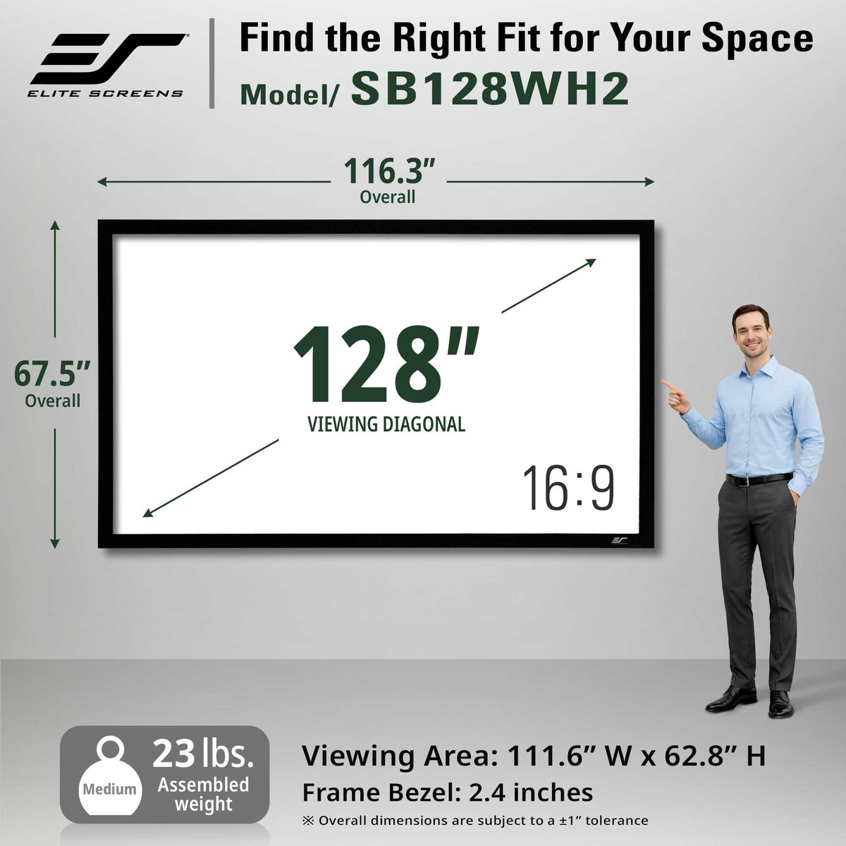 Elite Screens SB128WH2 128-inch LED wall display shown with dimension arrows indicating 116.3" overall width and 67.