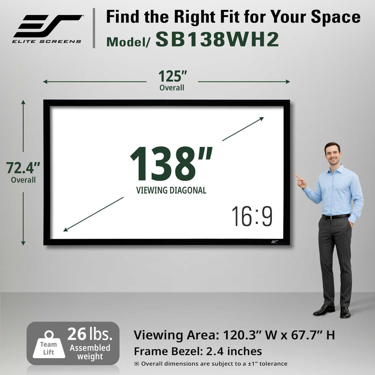 Elite Screens SB138WH2 138-inch digital signage display shown on a light gray background with dimension callouts, a man standing to the right, and product specs at the bottom.