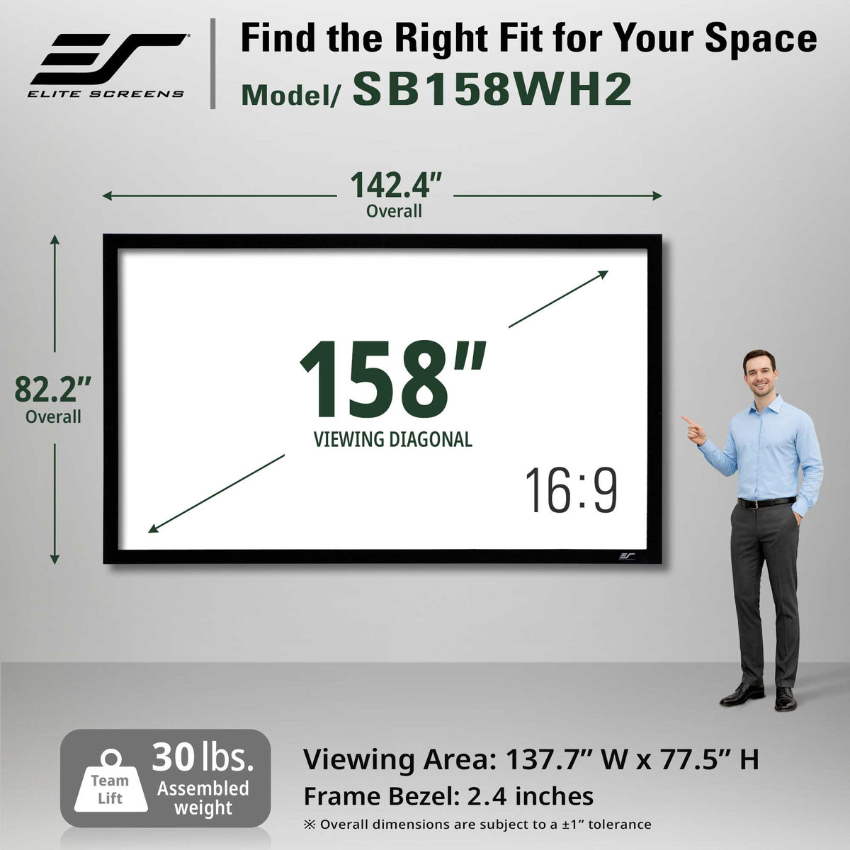 Elite Screens SB158WH2 158-inch wall-mounted display screen with dimension callouts showing overall 142.4 inches by 82.