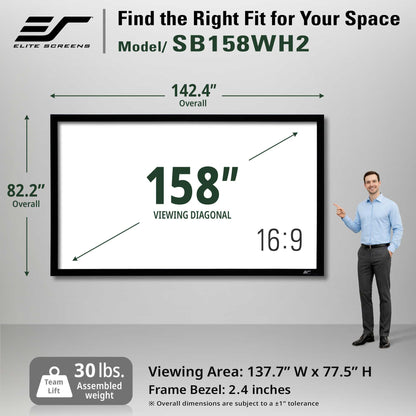 Elite Screens SB158WH2 158-inch wall-mounted display screen with dimension callouts showing overall 142.4 inches by 82.