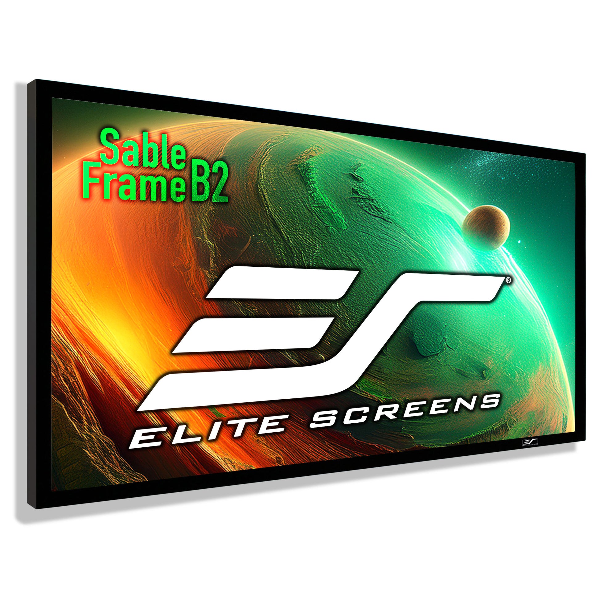 Elite Screens Sable Frame B2 projector screen with space-themed design